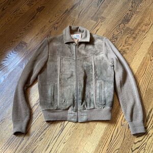 VTG 90s Y2K Suede‎ Leather Knit Bomber Jacket Brown Vintage Sz M READ